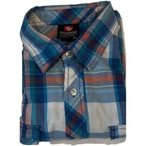 Southpole Men's Button Up Short Sleeve Shirt XL Aqua Blue Plaid Cotton Blend‎